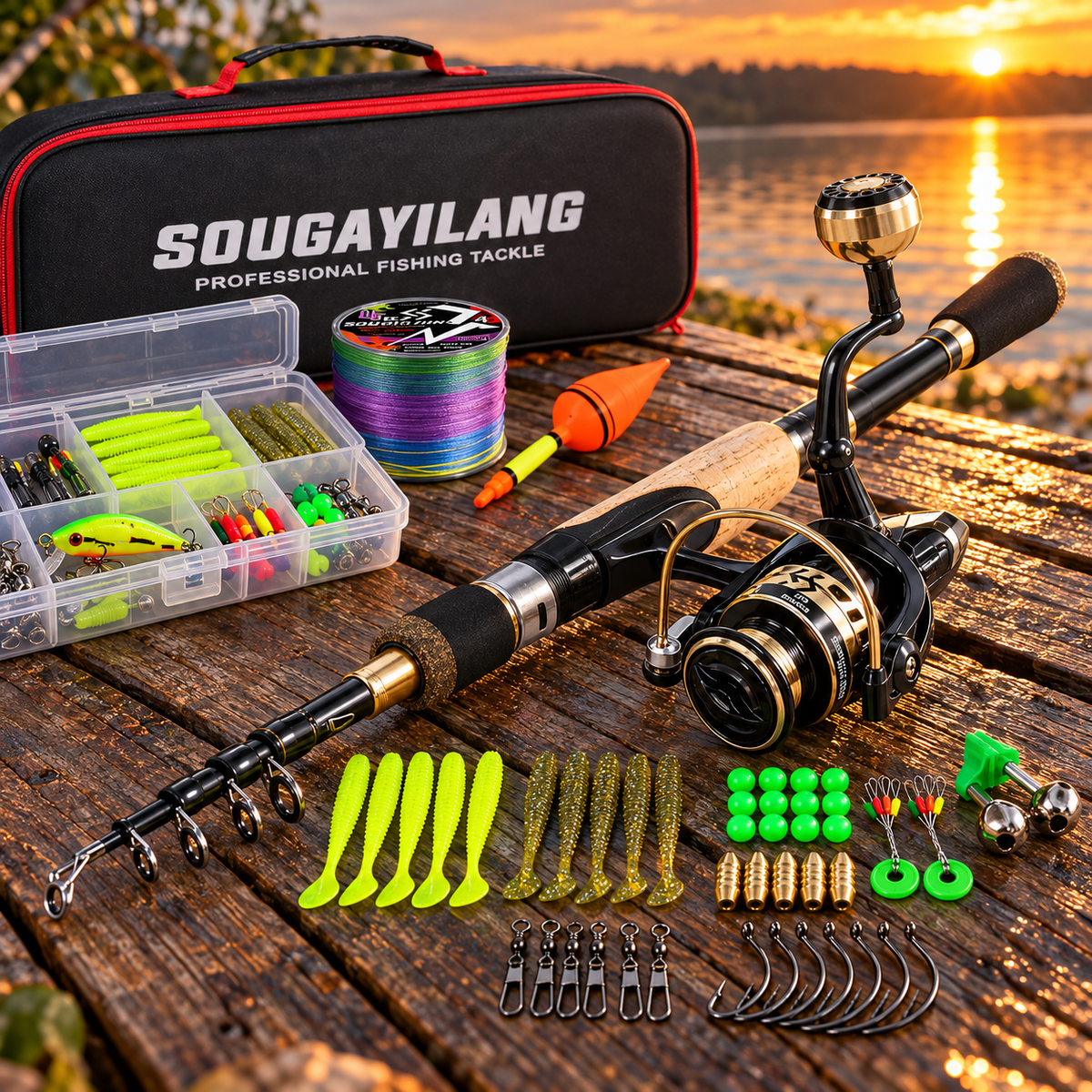 Kit Pesca Completo Vara de Carbono 5 Seções + Molinete 5.2:1 com Linha, Iscas e Bolsa