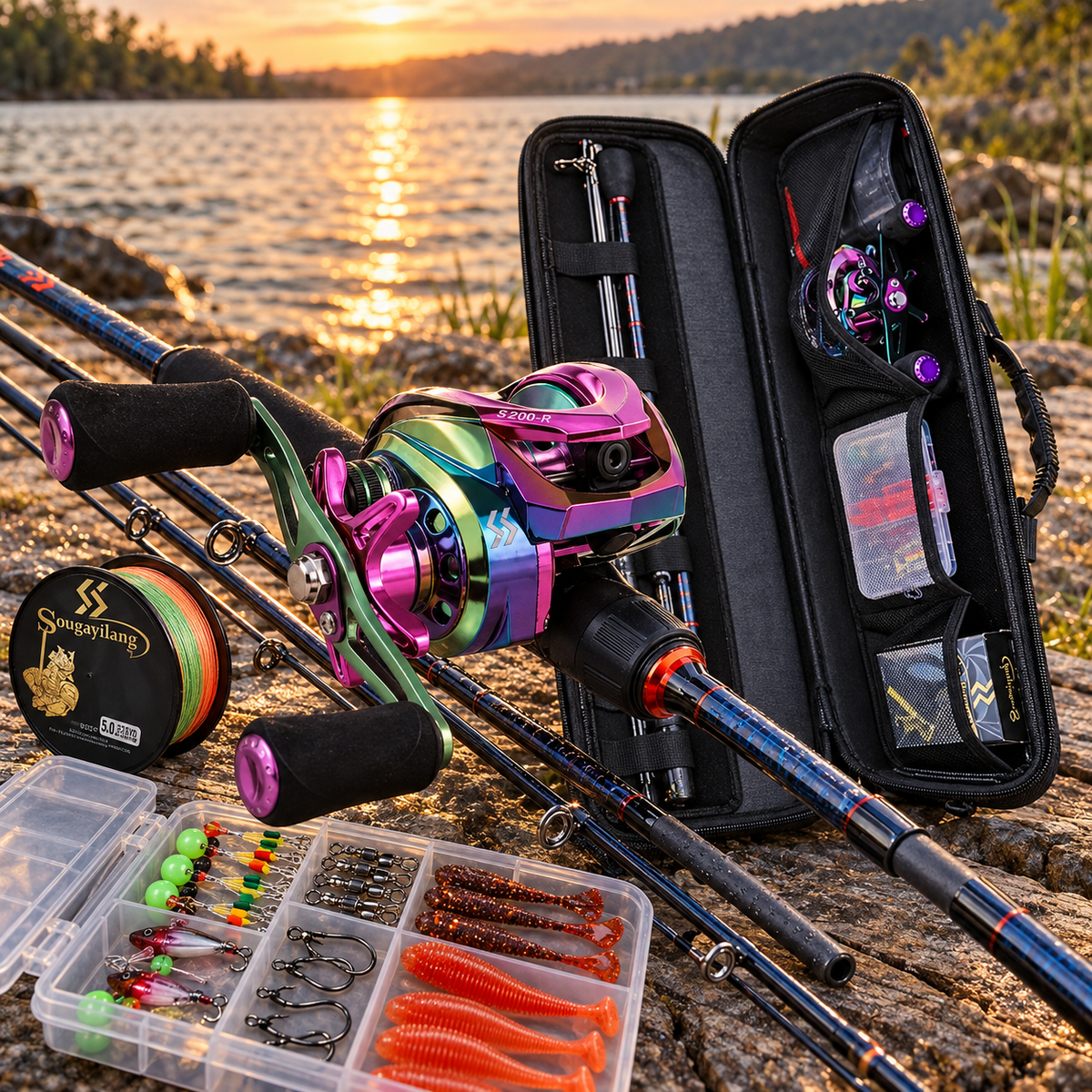 Kit Vara de Carbono 5 Seções + Carretilha 7.2:1 com 12+1 Rolamentos – Opção Kit Completo com Bolsa
