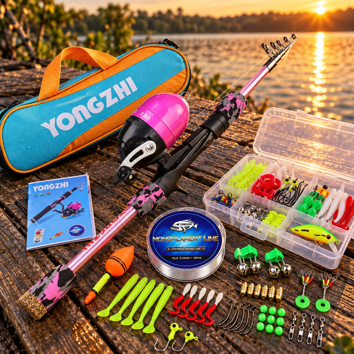 Kit de Pesca Infantil Completo com Vara Telescópica 1,5 m, Molinete Fechado, Iscas e Bolsa