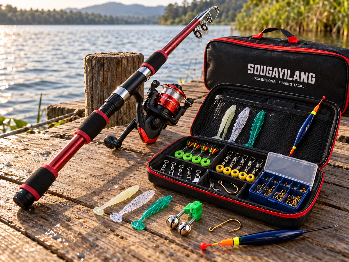Kit Pesca Completo Vara Telescópica 1,8 m + Molinete com Bolsa, Boia, Iscas e Anzóis – 5 Cores