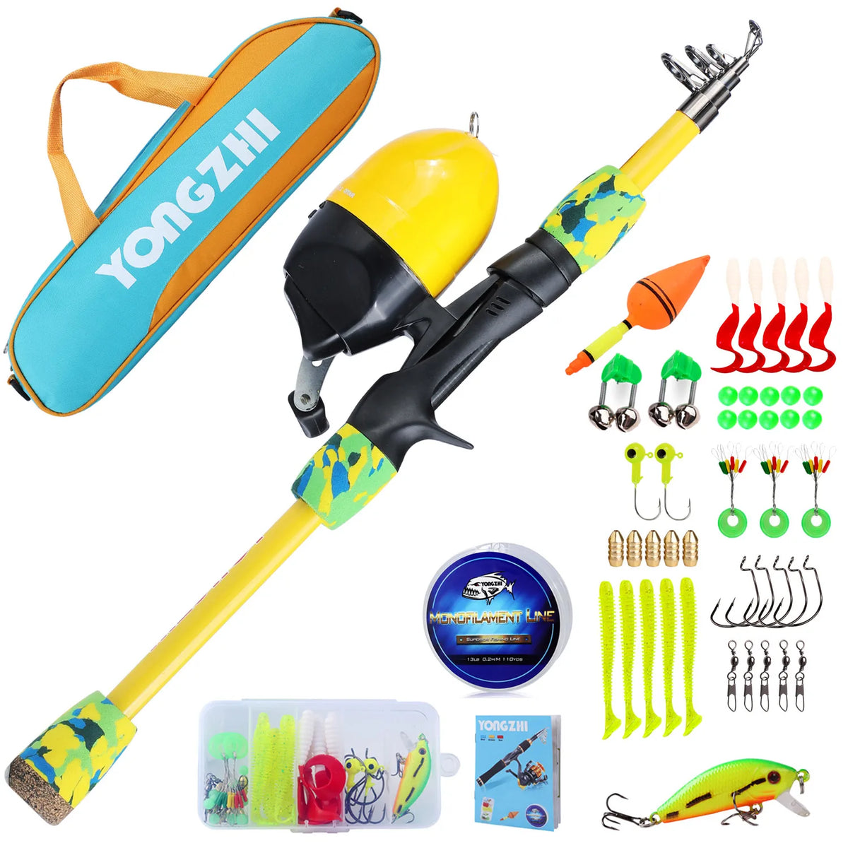 Kit de Pesca Infantil Completo com Vara Telescópica 1,5 m, Molinete Fechado, Iscas e Bolsa