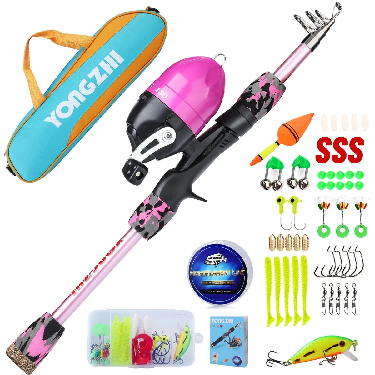 Kit de Pesca Infantil Completo com Vara Telescópica 1,5 m, Molinete Fechado, Iscas e Bolsa