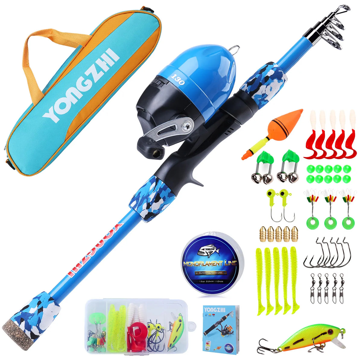 Kit de Pesca Infantil Completo com Vara Telescópica 1,5 m, Molinete Fechado, Iscas e Bolsa