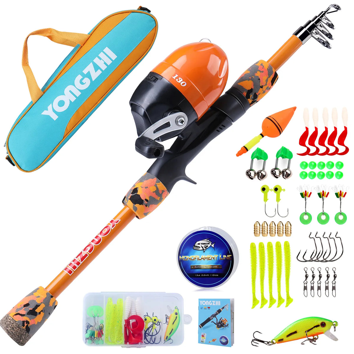 Kit de Pesca Infantil Completo com Vara Telescópica 1,5 m, Molinete Fechado, Iscas e Bolsa