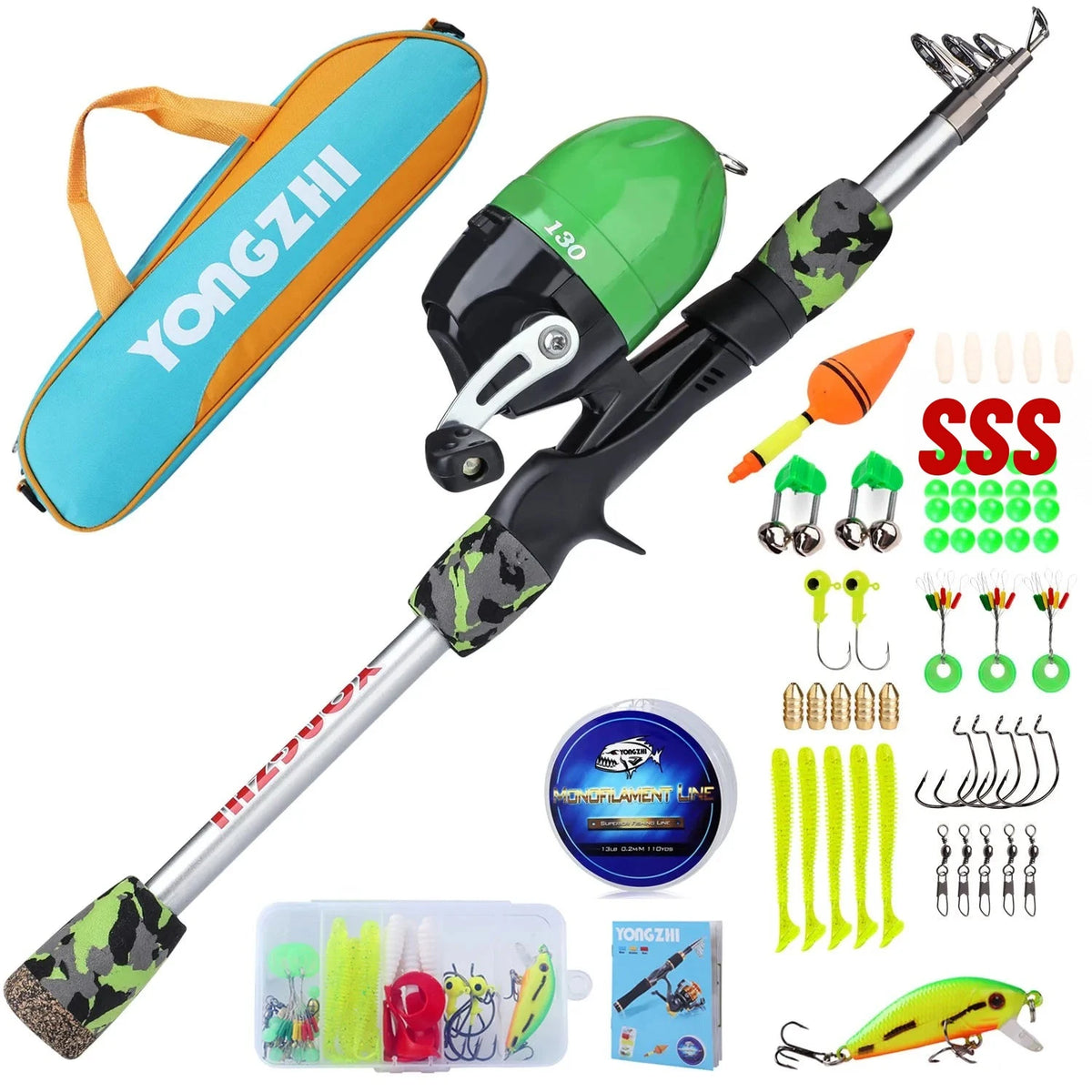 Kit de Pesca Infantil Completo com Vara Telescópica 1,5 m, Molinete Fechado, Iscas e Bolsa