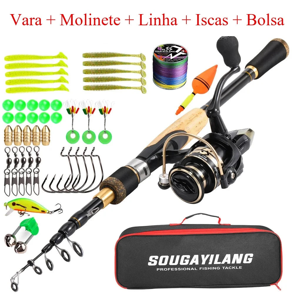 Kit Pesca Completo Vara de Carbono 5 Seções + Molinete 5.2:1 com Linha, Iscas e Bolsa