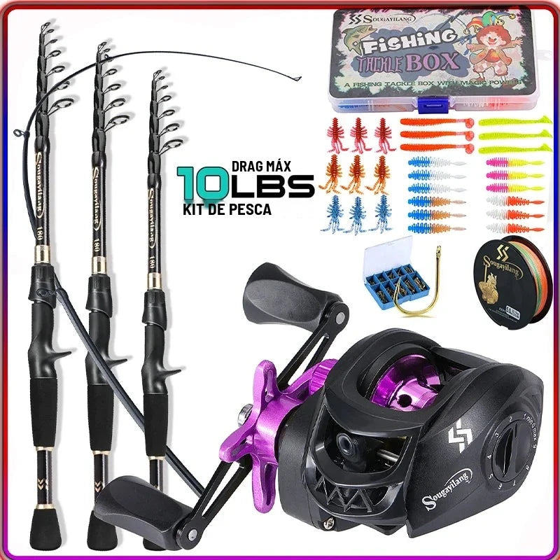 Kit Vara Telescópica de Carbono + Carretilha 7.2:1 com Linha e Caixa de Acessórios