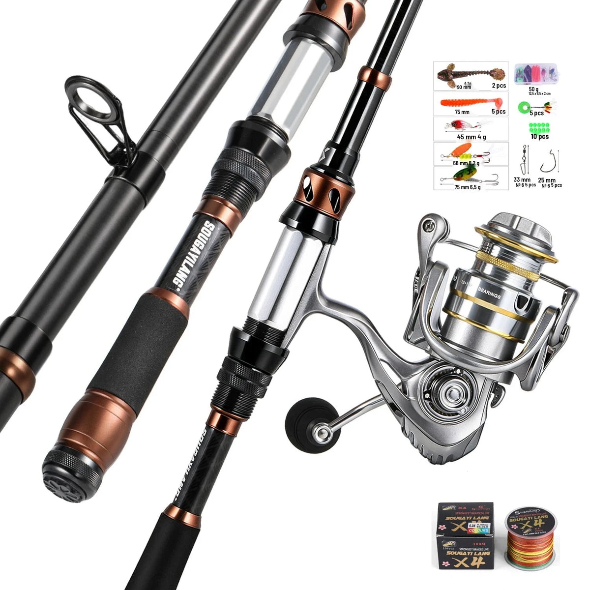 Kit Vara Telescópica de Carbono + Molinete 5.2:1 com Drag 8 kg e Linha Multifilamento