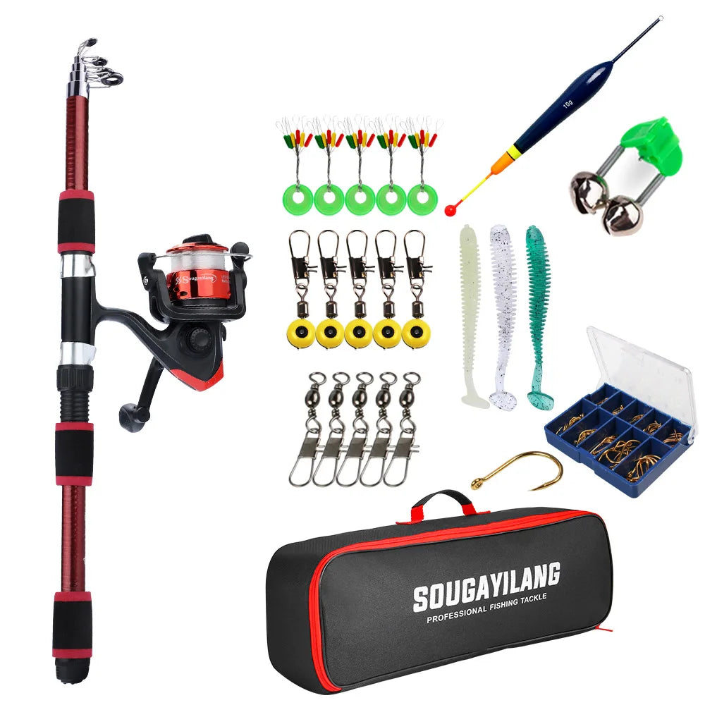 Kit Pesca Completo Vara Telescópica 1,8 m + Molinete com Bolsa, Boia, Iscas e Anzóis – 5 Cores