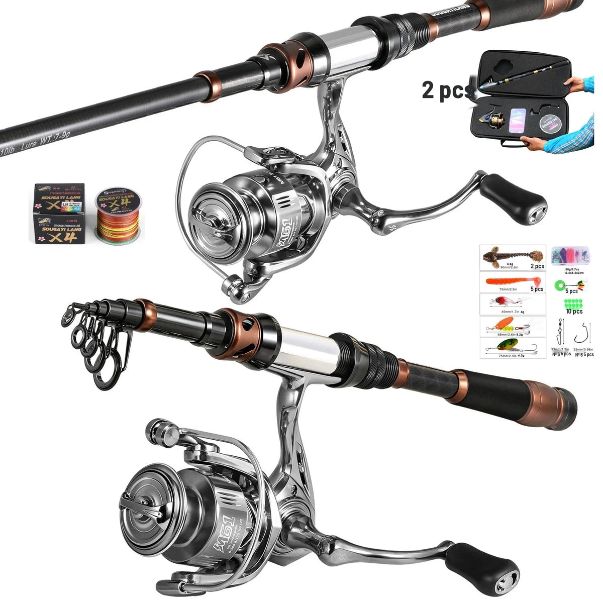 Kit Vara Telescópica de Carbono + Molinete 5.2:1 com Drag 8 kg e Linha Multifilamento