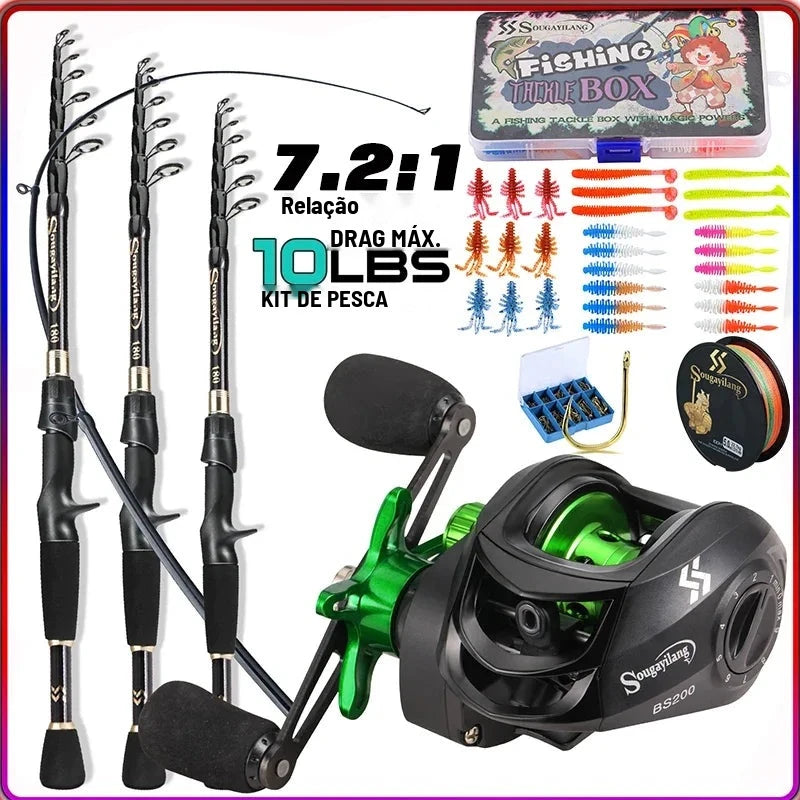 Kit Vara Telescópica de Carbono + Carretilha 7.2:1 com Linha e Caixa de Acessórios