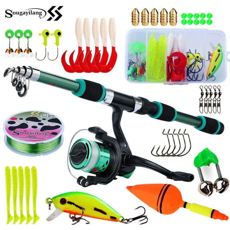 Kit de Pesca Infantil com Vara Telescópica 1,8 m, Molinete, Linha e Caixa de Iscas – 5 Cores