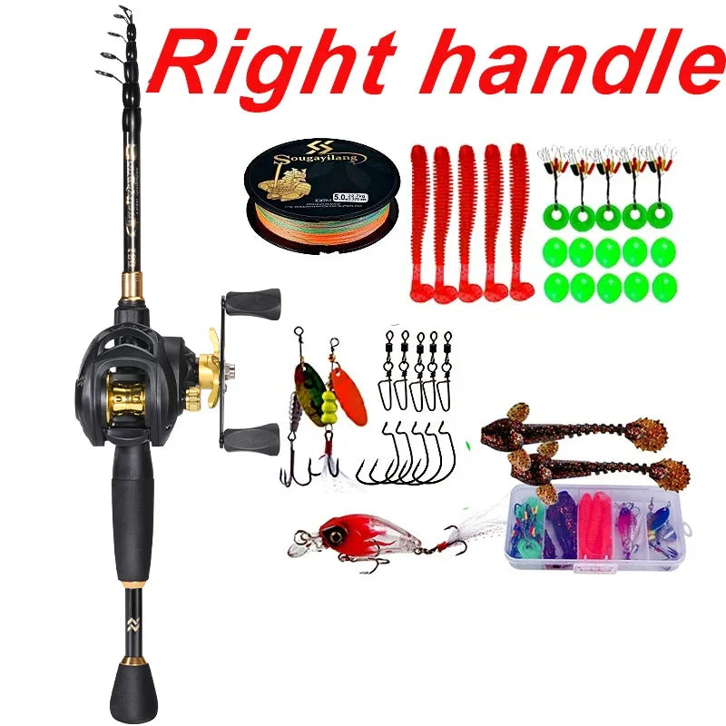 Kit Vara Telescópica de Carbono + Carretilha 7.2:1 com Linha e 36 Acessórios e Iscas