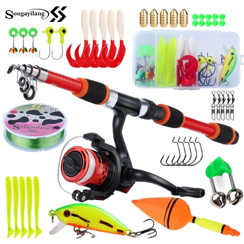 Kit de Pesca Infantil com Vara Telescópica 1,8 m, Molinete, Linha e Caixa de Iscas – 5 Cores