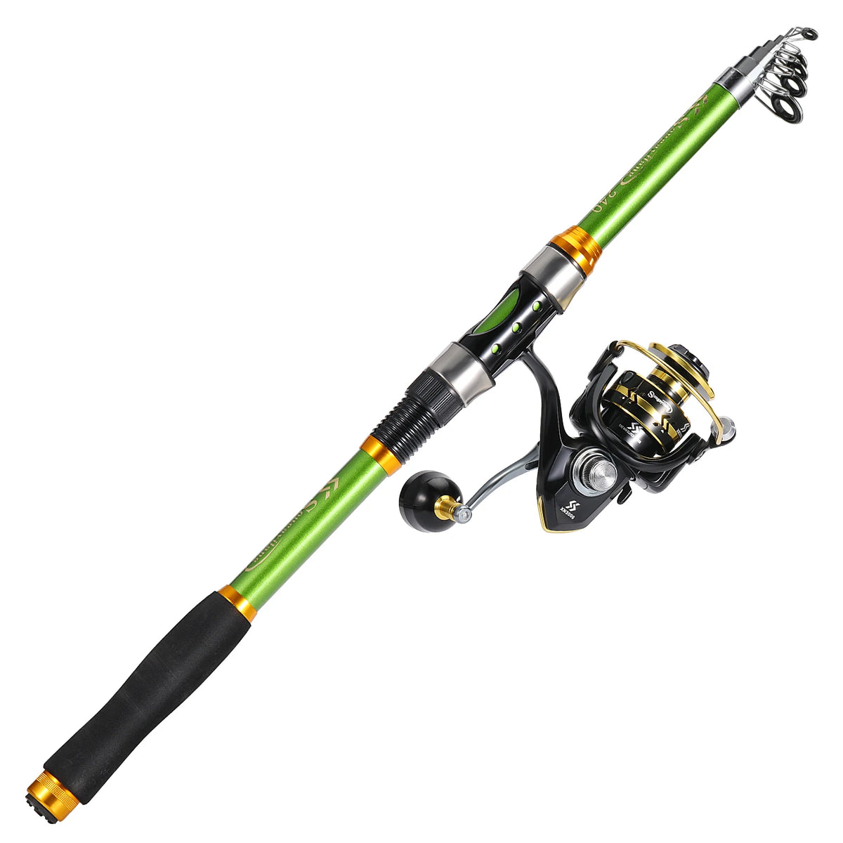 Kit Vara Telescópica de Carbono + Molinete 5.0:1 – Varas de 1,8 m a 2,4 m em 4 Cores