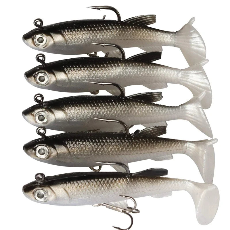 Kit 5 Iscas Soft Shad 8,5 cm 13 g com Cabeça Jumping e Garateia – Para Robalo e Tucunaré