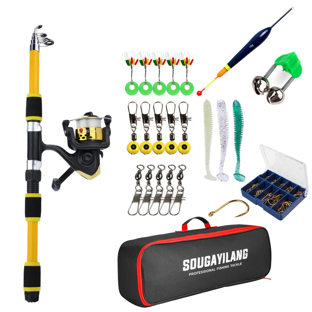 Kit Pesca Completo Vara Telescópica 1,8 m + Molinete com Bolsa, Boia, Iscas e Anzóis – 5 Cores