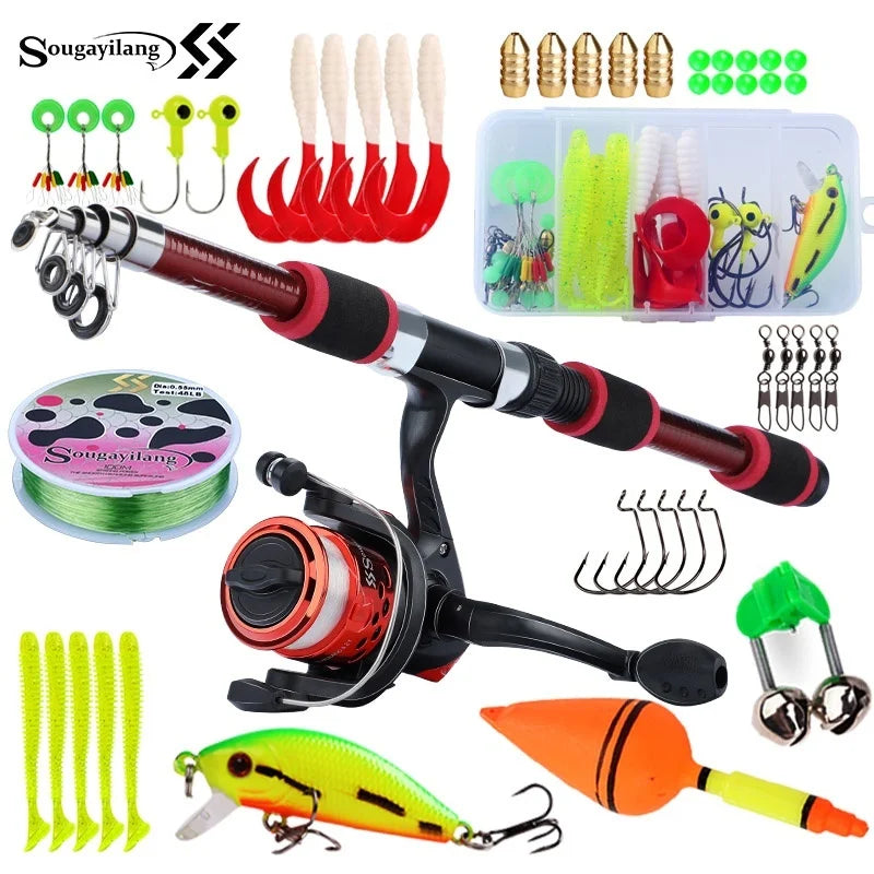 Kit de Pesca Infantil com Vara Telescópica 1,8 m, Molinete, Linha e Caixa de Iscas – 5 Cores