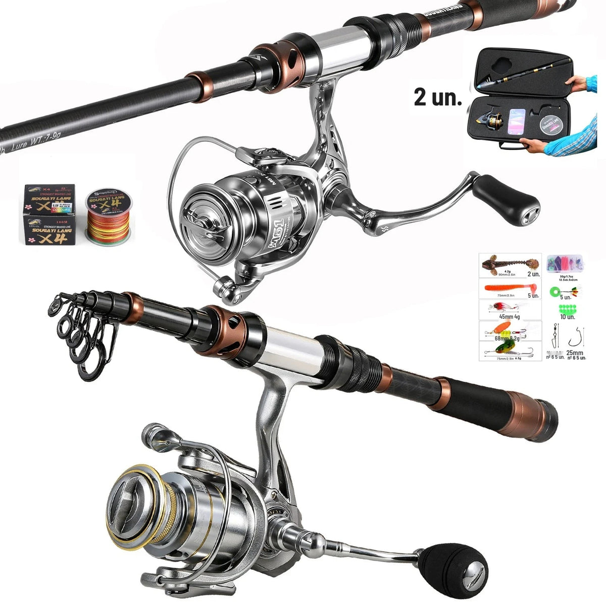 Kit Vara Telescópica de Carbono + Molinete 5.2:1 com Drag 8 kg e Linha Multifilamento