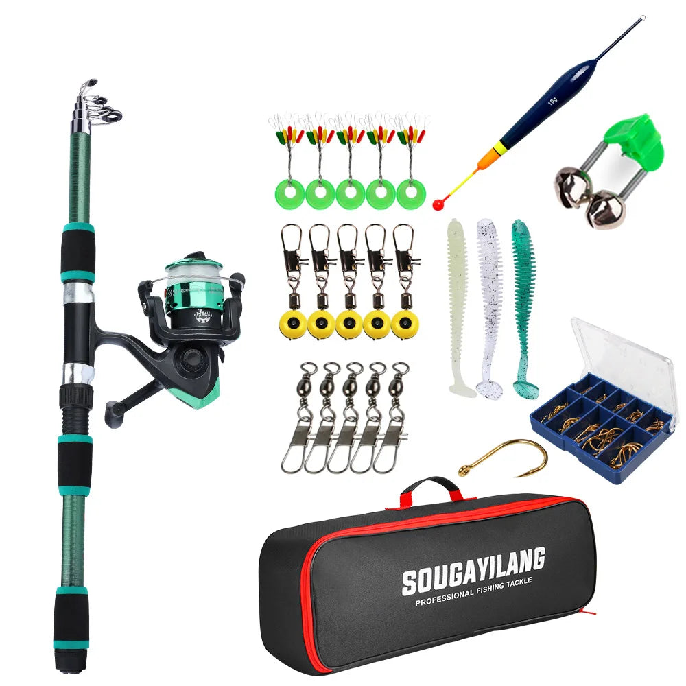 Kit Pesca Completo Vara Telescópica 1,8 m + Molinete com Bolsa, Boia, Iscas e Anzóis – 5 Cores