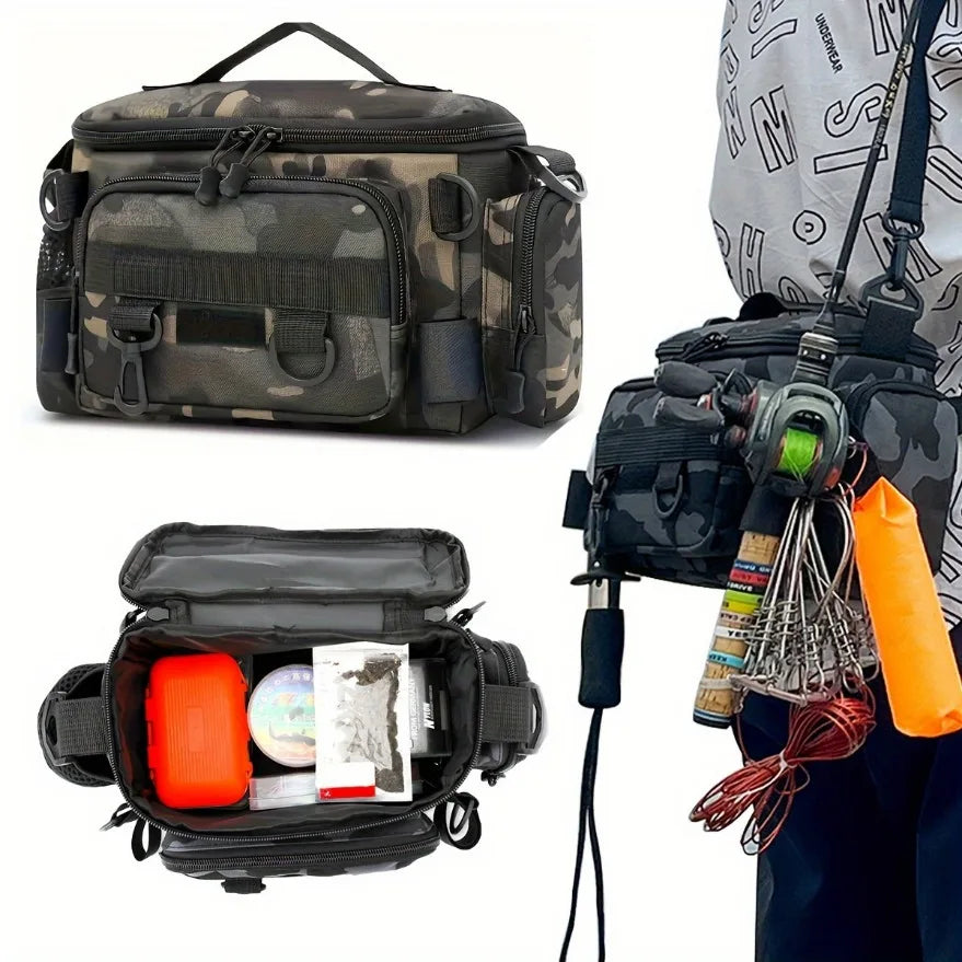 Bolsa de Pesca Tática 37 x 20 x 12 cm com Alça de Ombro e Suporte para Vara – Camuflada