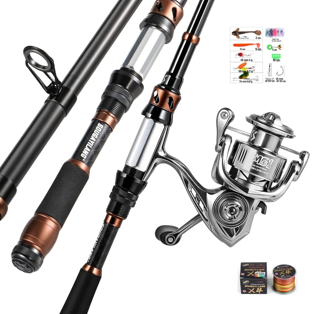 Kit Vara Telescópica de Carbono + Molinete 5.2:1 com Drag 8 kg e Linha Multifilamento