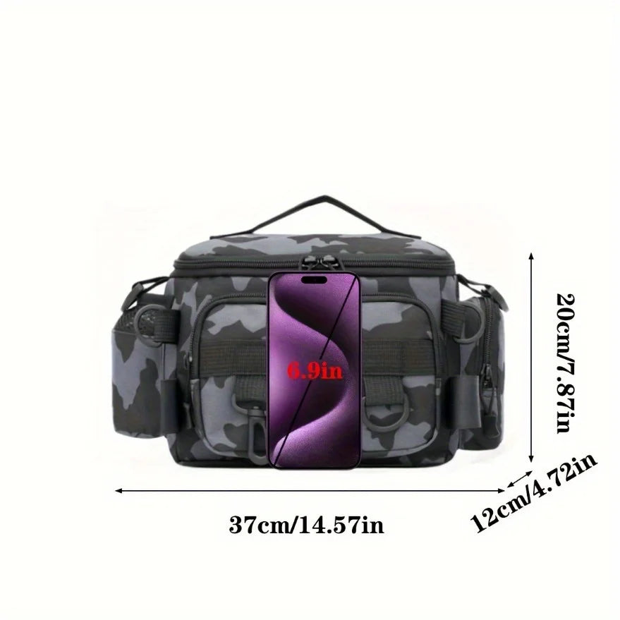 Bolsa de Pesca Tática 37 x 20 x 12 cm com Alça de Ombro e Suporte para Vara – Camuflada