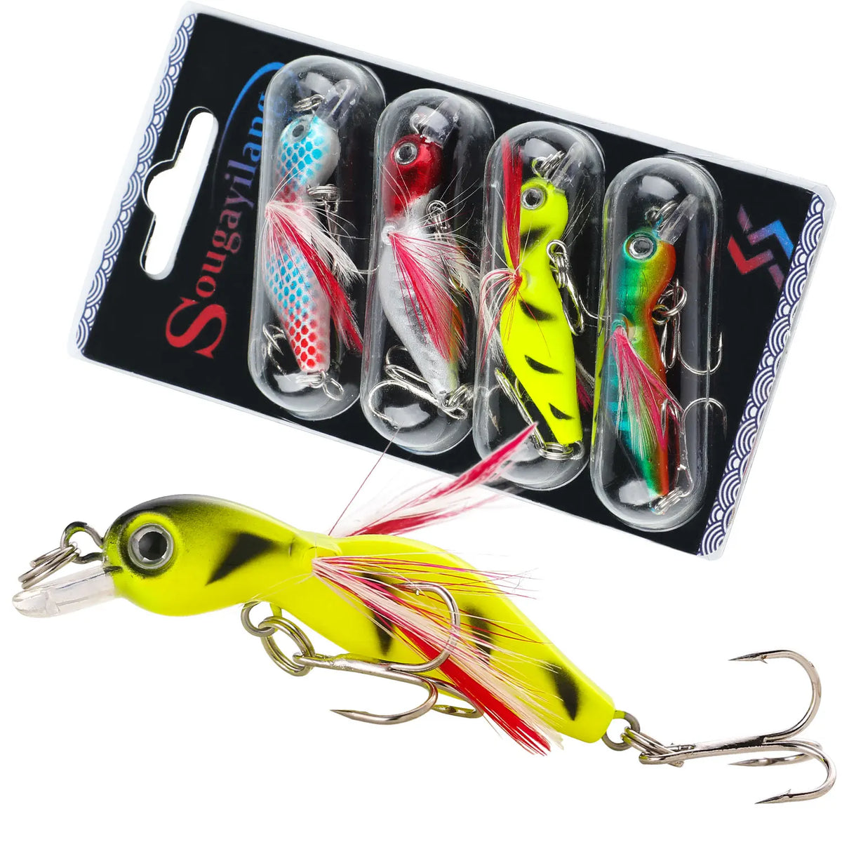 Kit 4 Iscas Artificiais (Crankbait, Mini Crank ou Stick) com Rattle e Garateias nº 5
