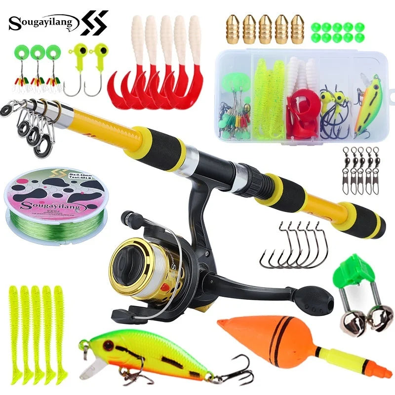 Kit de Pesca Infantil com Vara Telescópica 1,8 m, Molinete, Linha e Caixa de Iscas – 5 Cores
