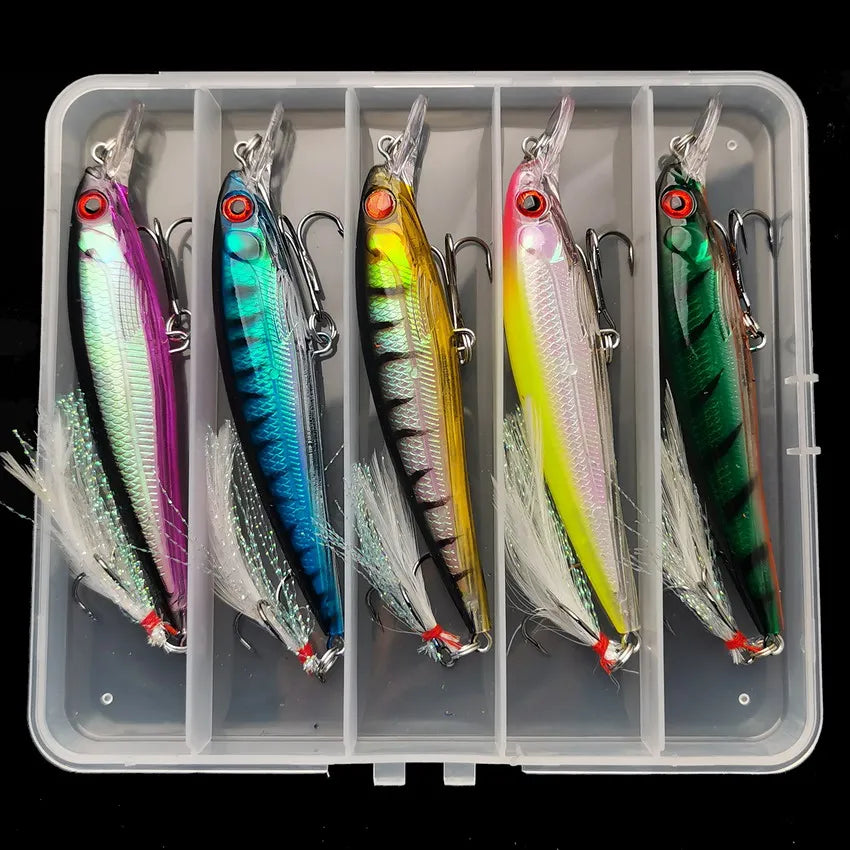 Kit 5 Iscas Minnow 11 cm 13,3 g com Garateia de Pena + Estojo
