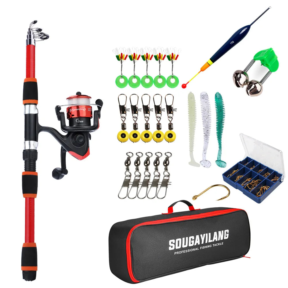 Kit Pesca Completo Vara Telescópica 1,8 m + Molinete com Bolsa, Boia, Iscas e Anzóis – 5 Cores