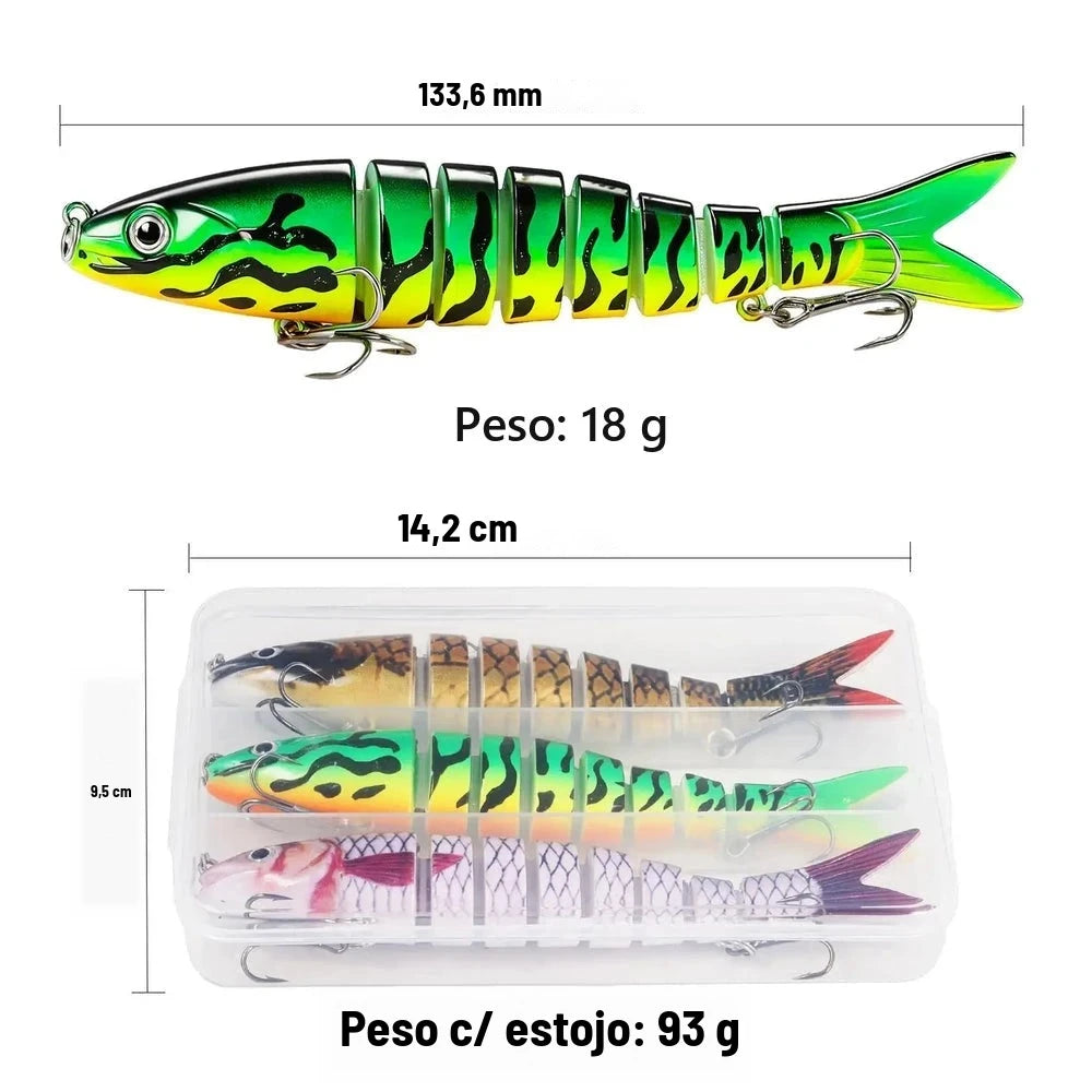 Kit 3 Iscas Artificiais Articuladas (Swimbait) para Tucunaré e Traíra com Estojo
