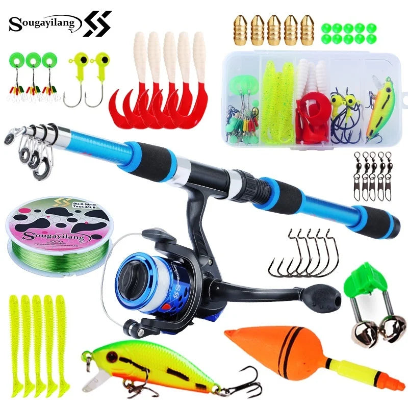 Kit de Pesca Infantil com Vara Telescópica 1,8 m, Molinete, Linha e Caixa de Iscas – 5 Cores