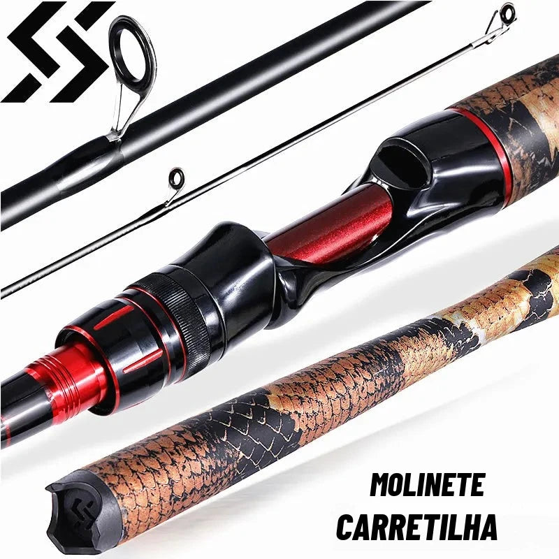Vara de Pesca 100% Carbono 1,8 m a 2,1 m em 4 Partes – para Molinete ou Carretilha