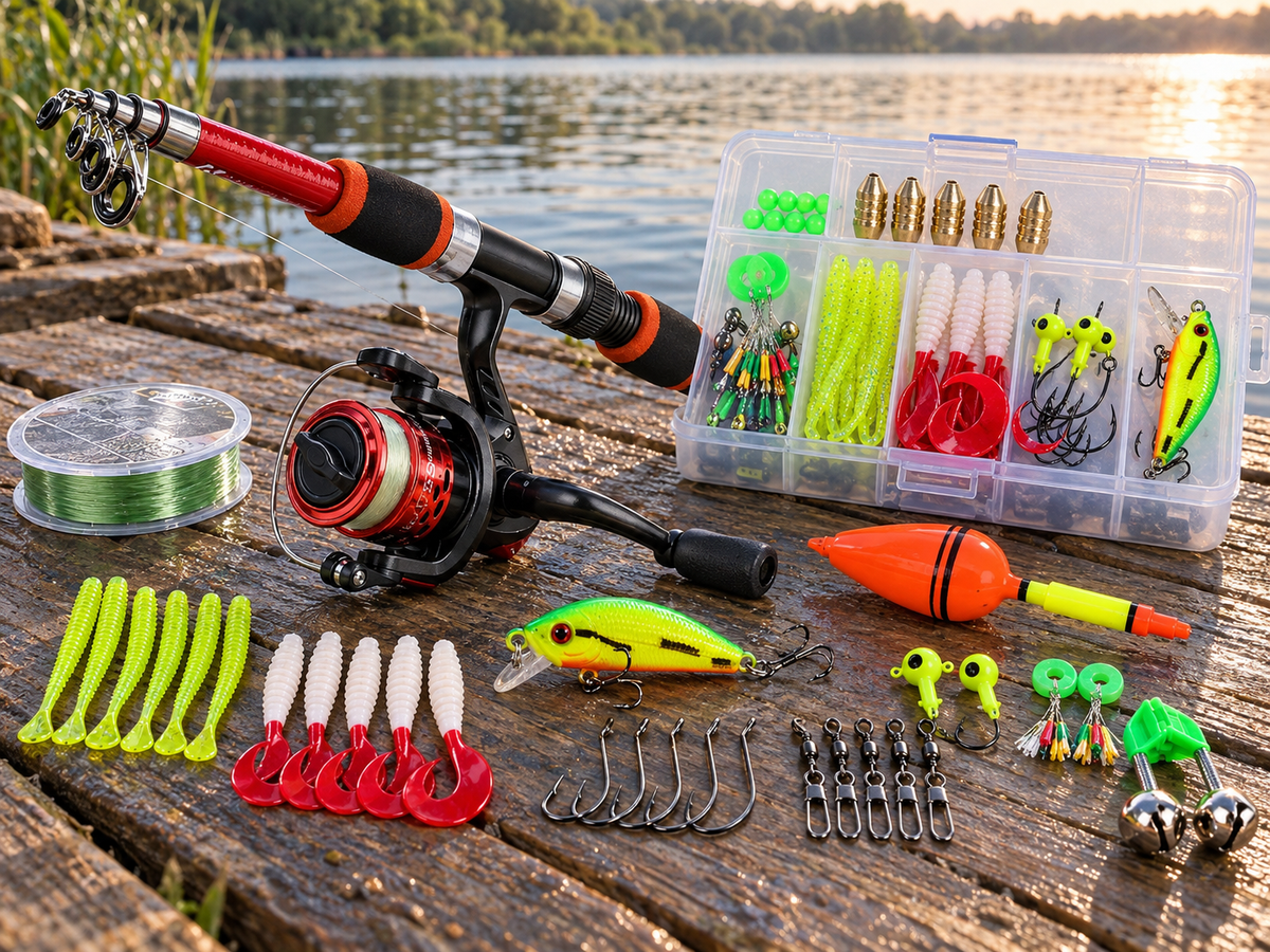 Kit de Pesca Infantil com Vara Telescópica 1,8 m, Molinete, Linha e Caixa de Iscas – 5 Cores